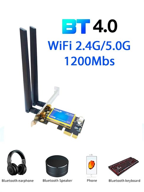 Двухдиапазонный Wi-Fi-адаптер 1200 Мбит/с, 802.11ac с Bluetooth 4,0, PCI-E, Wi-Fi-Адаптер 2,4 ГГц/5 ГГц 374 - фото 3727
